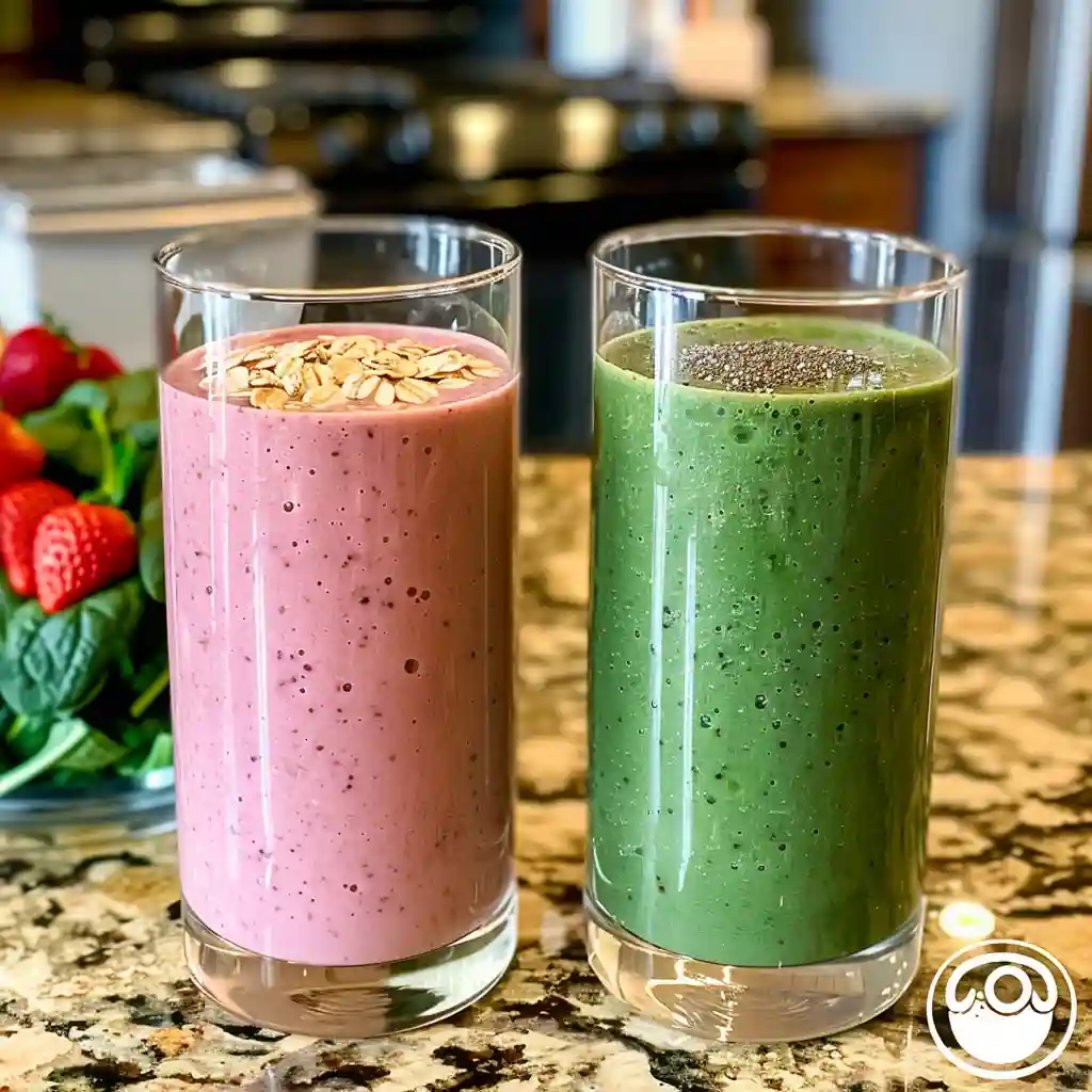 Healthy smoothie for weight loss in two glasses with visible ingredients on a bright morning counter