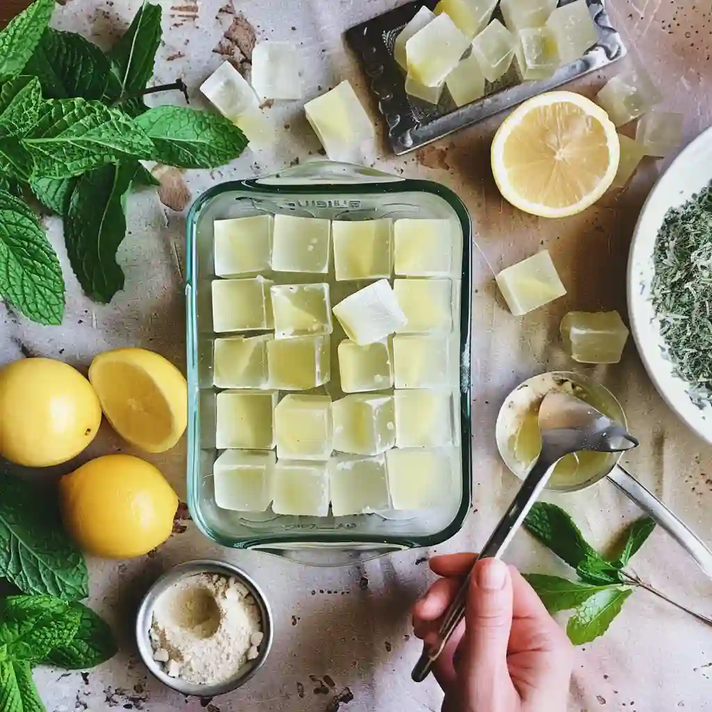 Herbal tea gelatin cubes being cut into bite-sized pieces on a kitchen counter