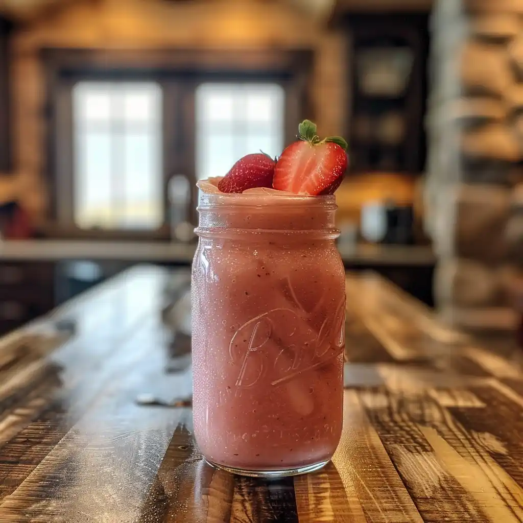 Homemade TikTok pink drink in a mason jar on a wooden table with ice and strawberries