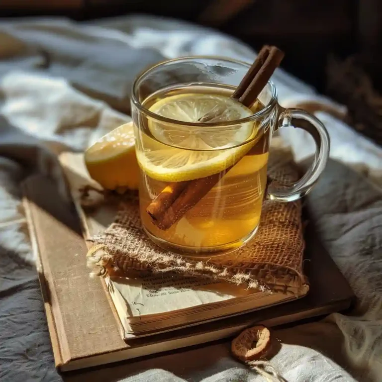 Honey and cinnamon drink served with lemon slice on tray beside book and napkin