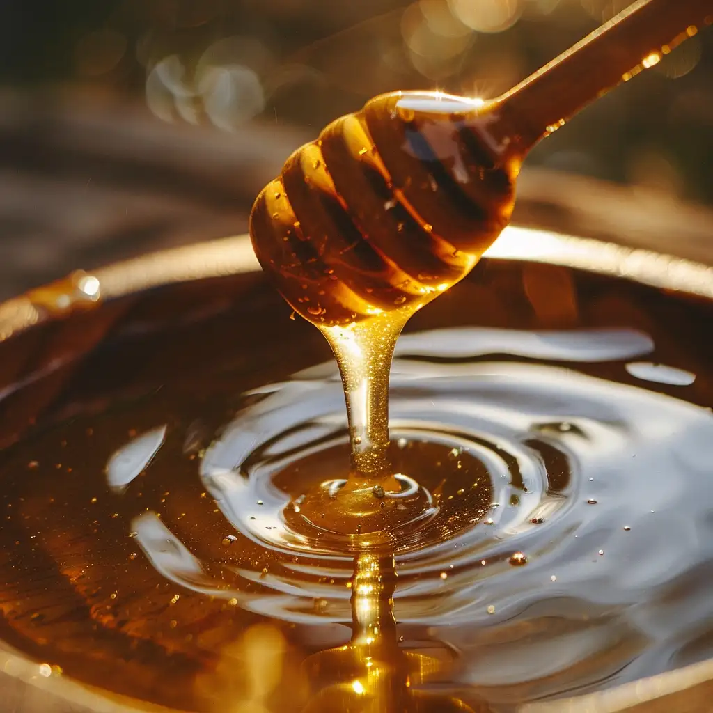 Honey being poured from a wooden dipper into warm water