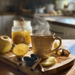 Honey memory drink in a ceramic mug with lemon, cinnamon, ginger, apple slices, and blueberries on a rustic counter