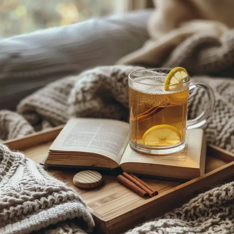 Honey trick drink served with a book and cozy blanket on a wooden tray
