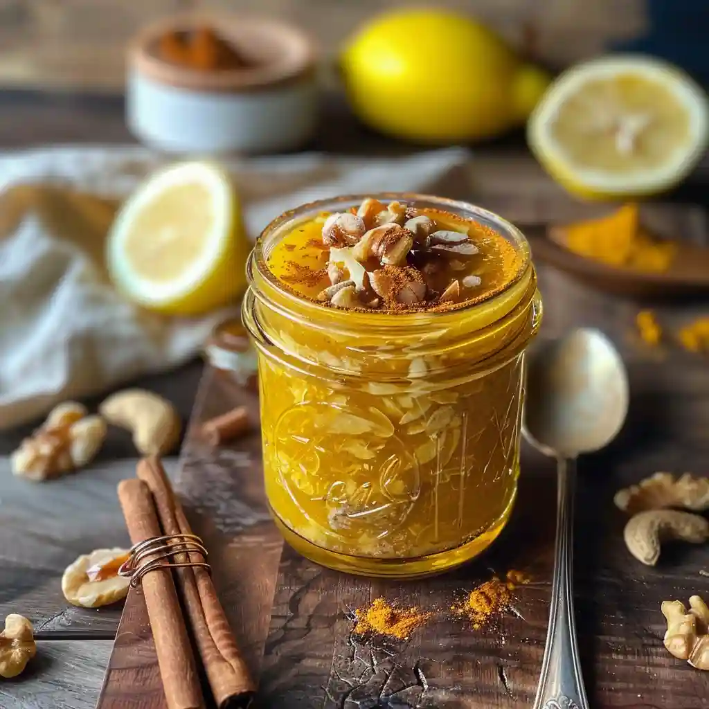 Honey trick recipe featured jar with raw honey, crushed walnuts and almonds, lemon, cinnamon, and turmeric