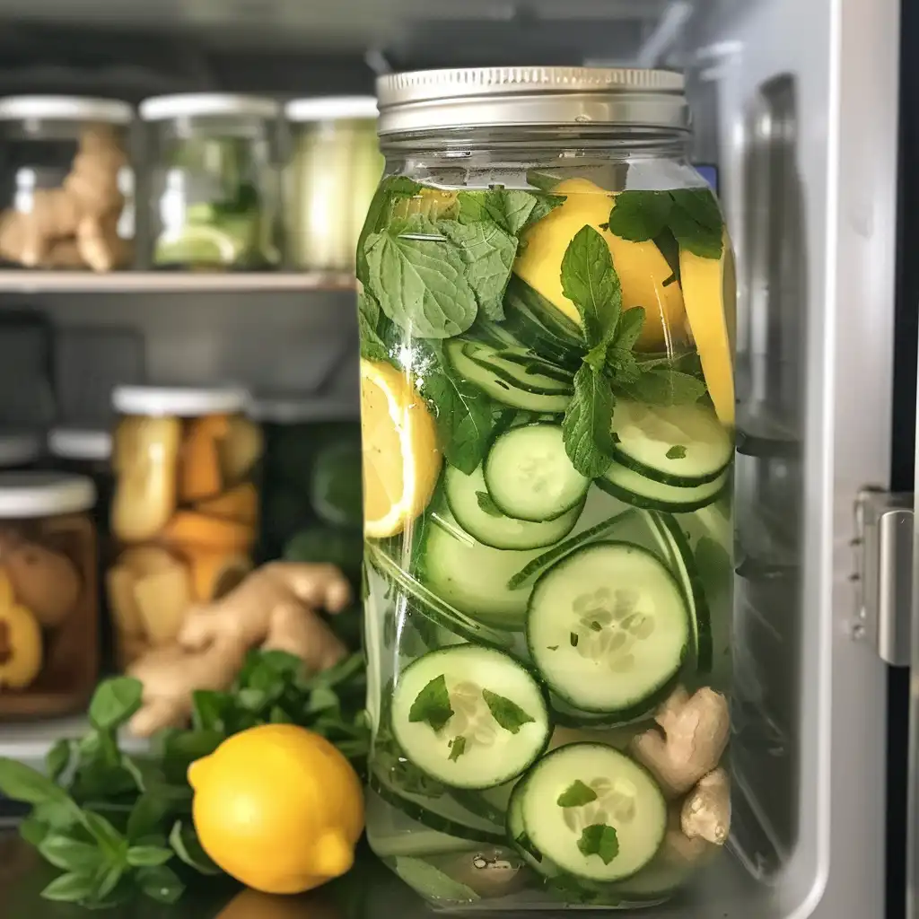 Infused cucumber, lemon, ginger, and mint water pitcher chilling in the fridge