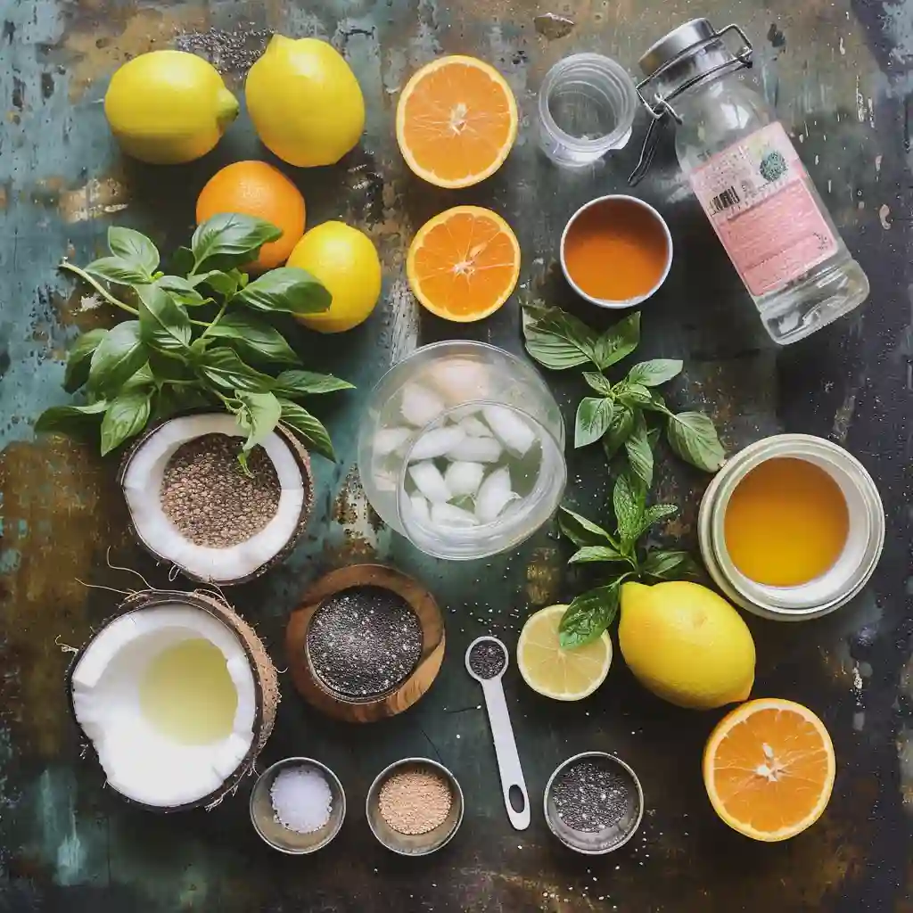 Ingredient flatlay for zero-calorie drinks—lemons, limes, cucumber, mint, basil, ginger, herbal teas, sparkling water, ice
