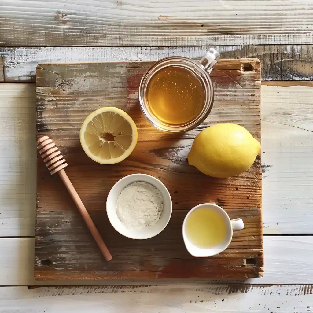 baking soda trick for men recipe_Ingredients display for the baking soda drink—baking soda, lemon, honey, ACV, warm water