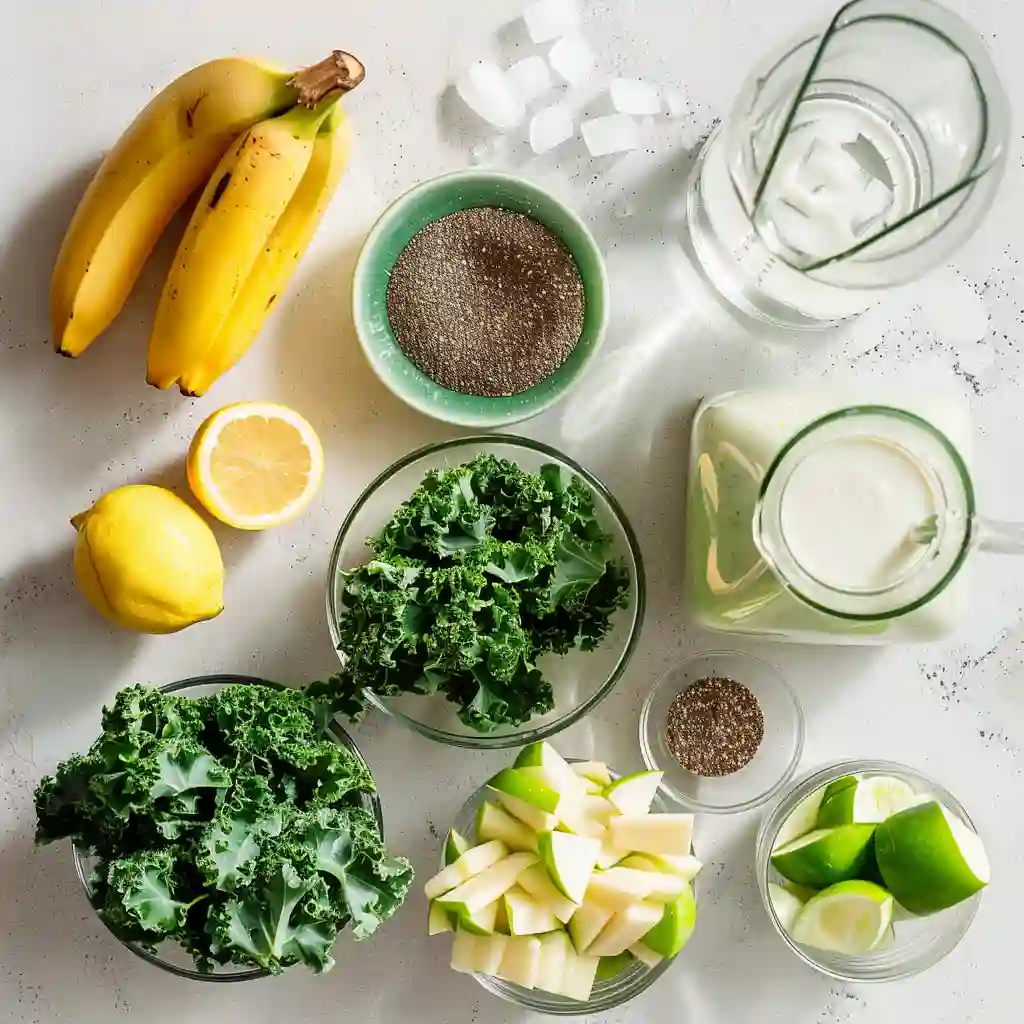 kale smoothie for weight loss recipe_Ingredients for kale smoothie for weight loss laid out on a light countertop