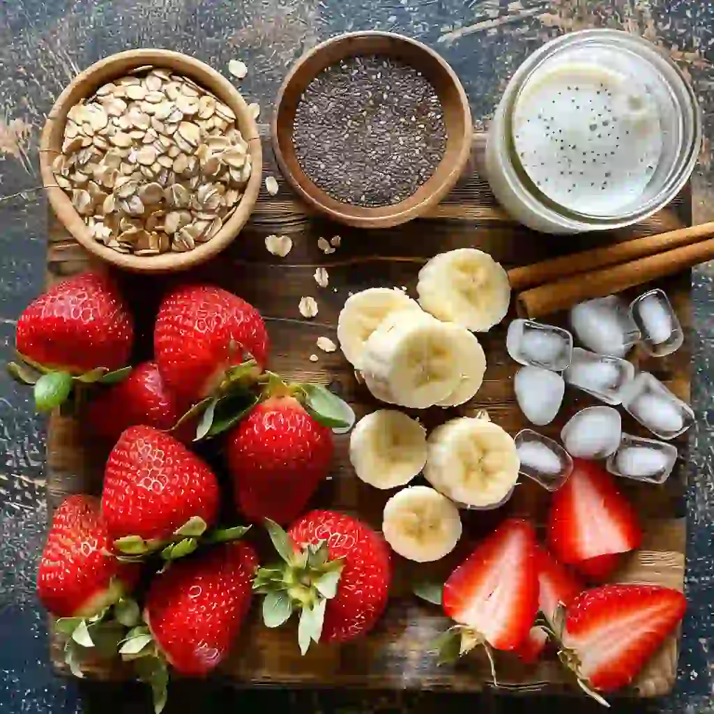 Ingredients for strawberry oats smoothie for weight loss laid out on a wooden board