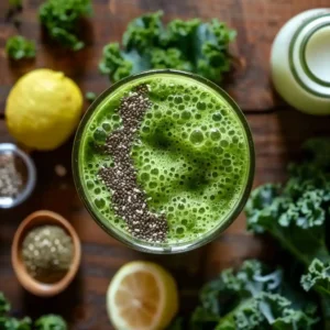 Kale smoothie for weight loss in a clear glass with fresh greens and fruit on a wooden table