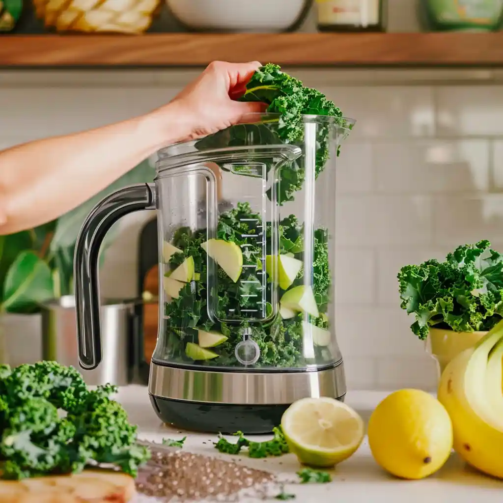 Kale smoothie for weight loss blending in a vortex inside the blender