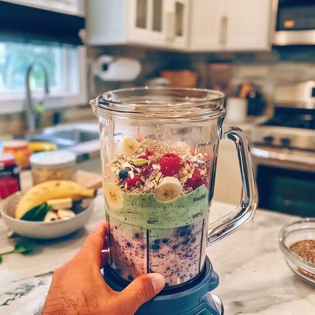 Kefir being poured into a blender filled with berries, banana, spinach, and flaxseed