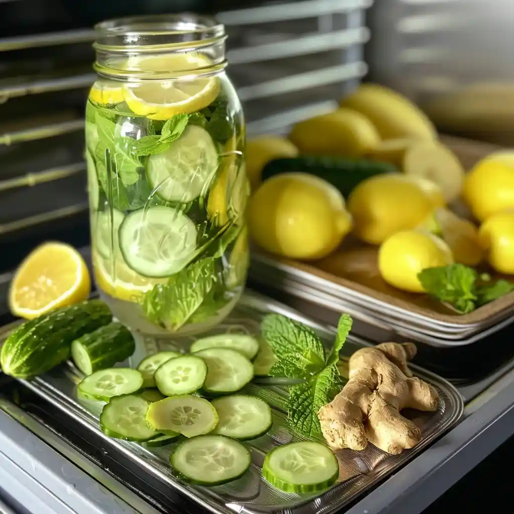 Mason jar of overnight lemon cucumber ginger detox water with mint on a fridge shelf