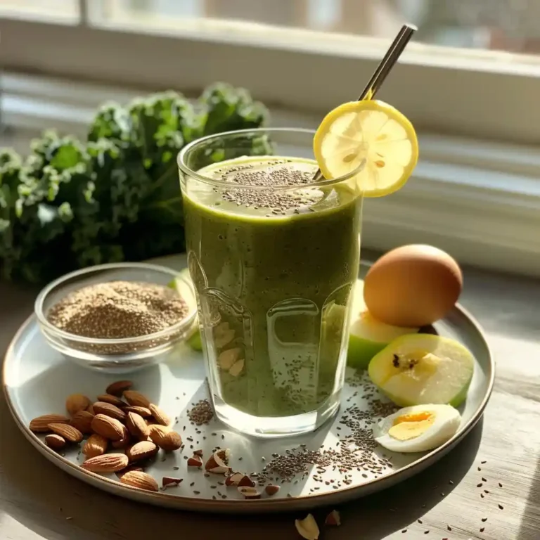 Morning serving of kale smoothie for weight loss with almonds and egg for a balanced breakfast