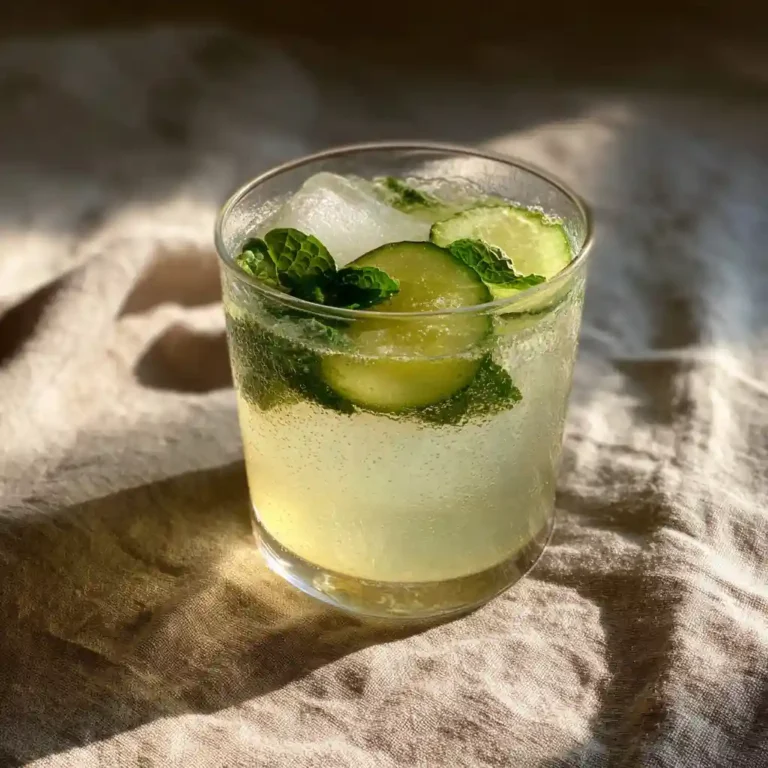 Chilled glass of electrolyte drink with cucumber and mint garnish