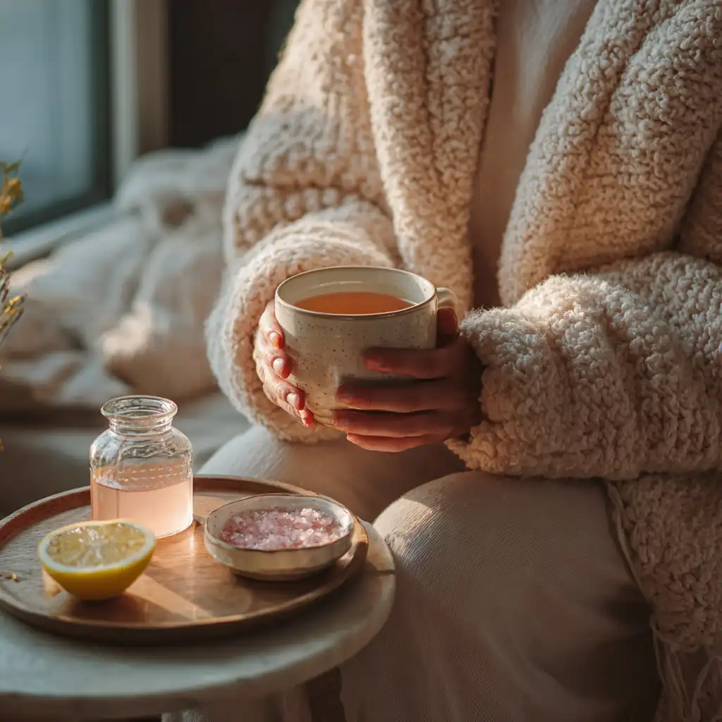 Natural electrolyte drink with lemon slices and sea salt in a clear jar