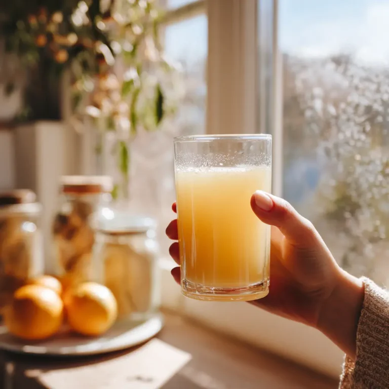 Glass of natural electrolyte drink on marble counter with lemons and honey