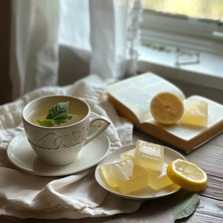 Nighttime gelatin drink with a plate of herbal gelatin cubes for gentle weight loss support