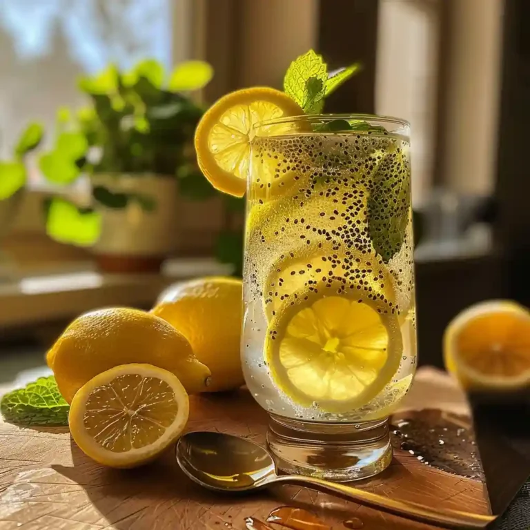 Overhead flat lay of lemons, chia seeds, raw apple cider vinegar, mint, cinnamon, honey, and water for a lemon weight loss drink
