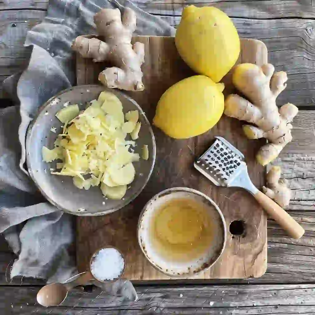 weight loss drink ginger_Overhead flat lay of ginger lemon water ingredients on a cutting board