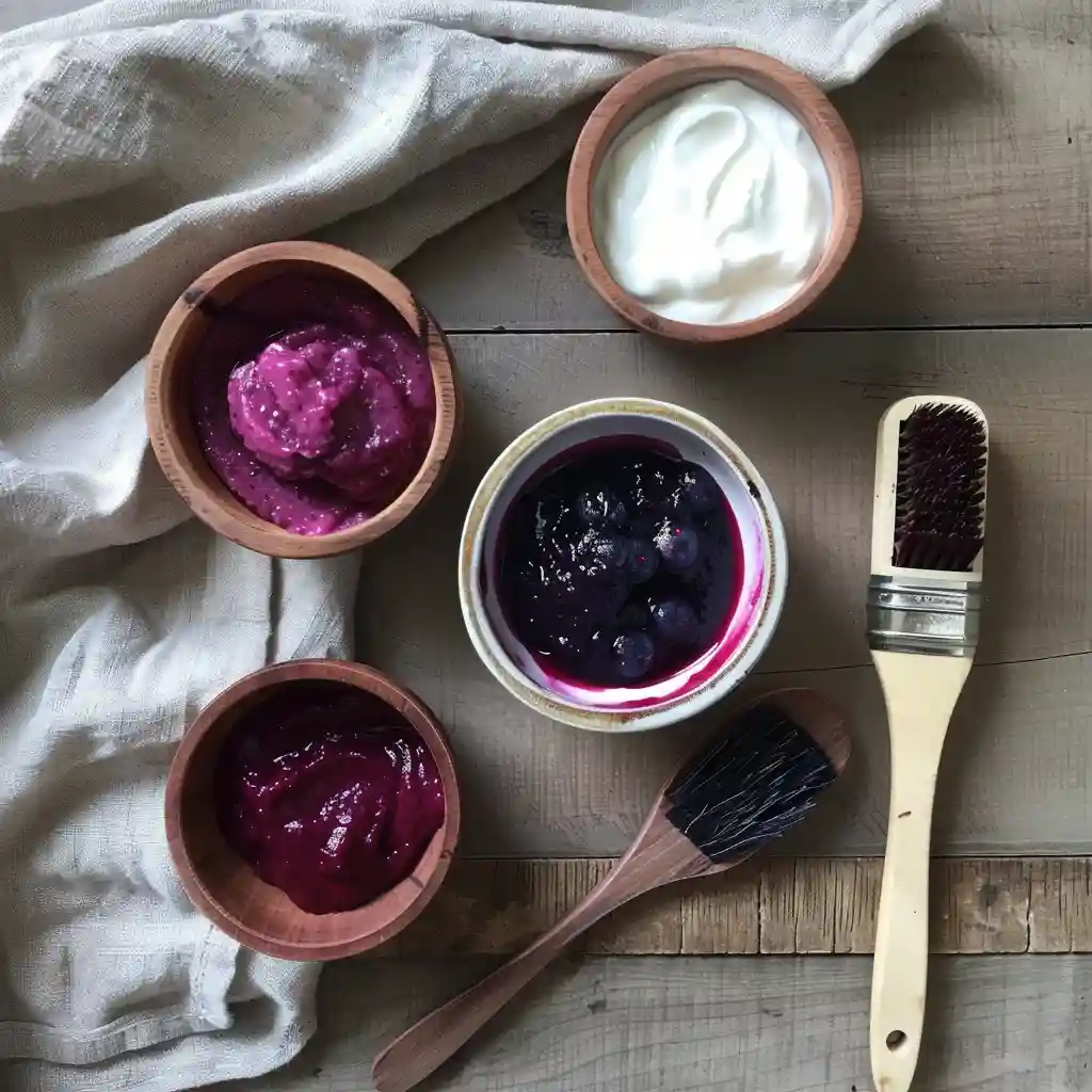 purple peel recipe_Overhead ingredients display for a purple peel: berries, beetroot, yogurt or aloe, and honey with tools