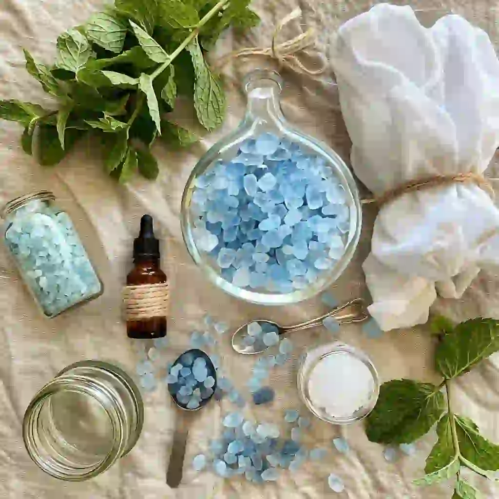 blue salt trick for men_Overhead ingredients display of blue sea salt, warm water, cotton sachet, jar, mint, essential oil, and spoon