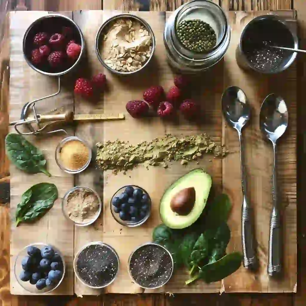 shake for weight loss recipe_Overhead ingredients for a female-friendly weight loss shake on a wooden board