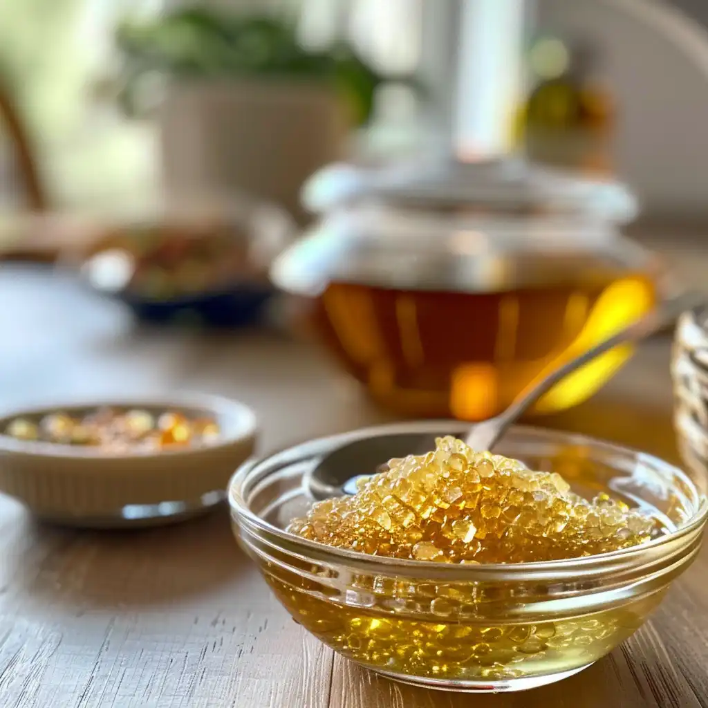 Overhead layout of gelatin powder, sheet gelatin, broths, juices, herbs, and tools for the gelatin trick