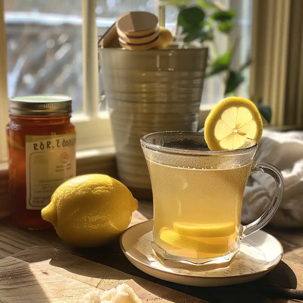 Overhead layout of ingredients: baking soda, lemon, honey, ACV, warm water, and a ceramic mug