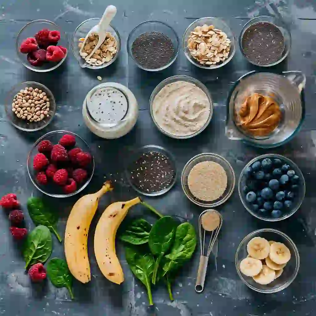 smoothie recipes for weight loss protein_Overhead shot of frozen berries, oat milk, protein powder, chia, flax, spinach, banana, and almond butter arranged for a weight loss smoothie