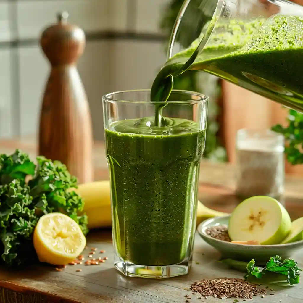 Pouring a freshly blended kale smoothie for weight loss into a serving glass