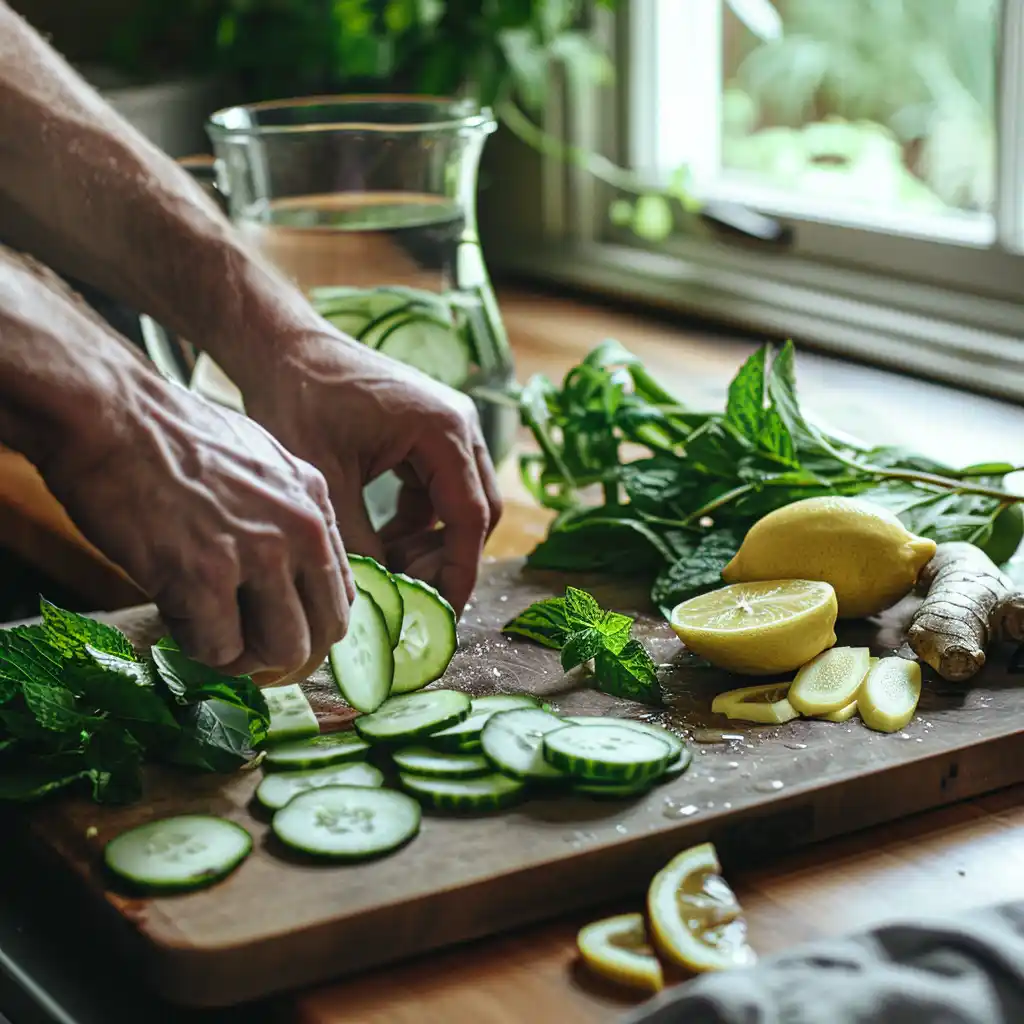 Pouring cucumber and lemon slices into a pitcher to prepare a cucumber weight loss drink