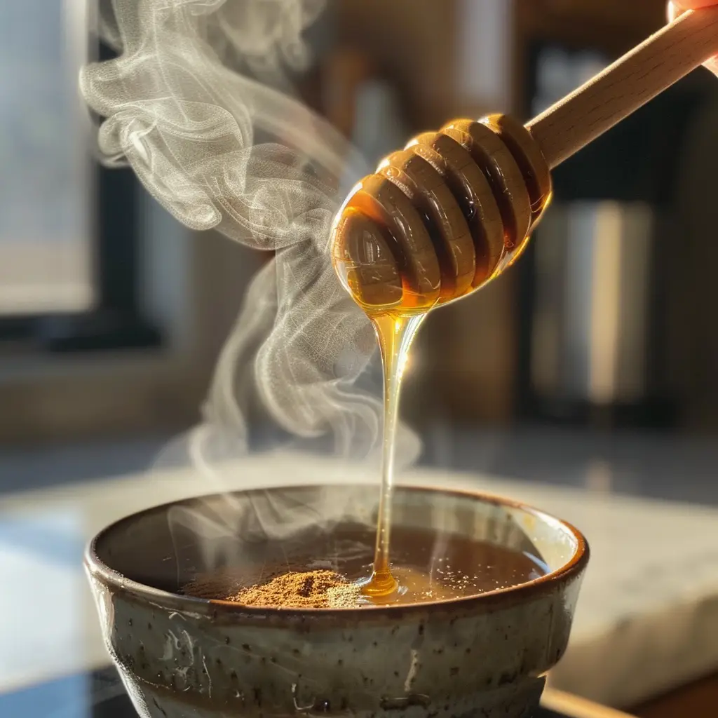 Pouring honey into warm water with cinnamon sprinkled on top