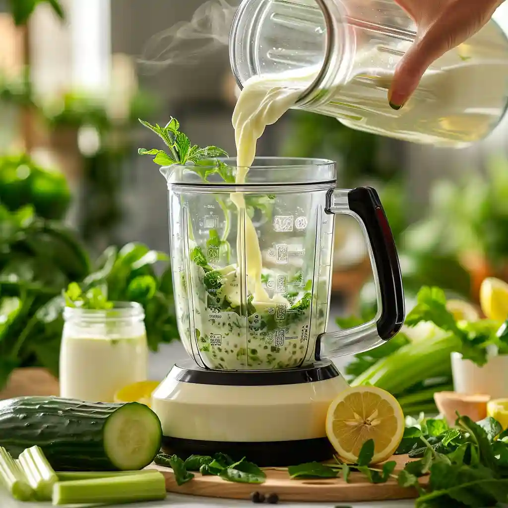Pouring kefir and vegetables into a blender for a savory weight loss smoothie