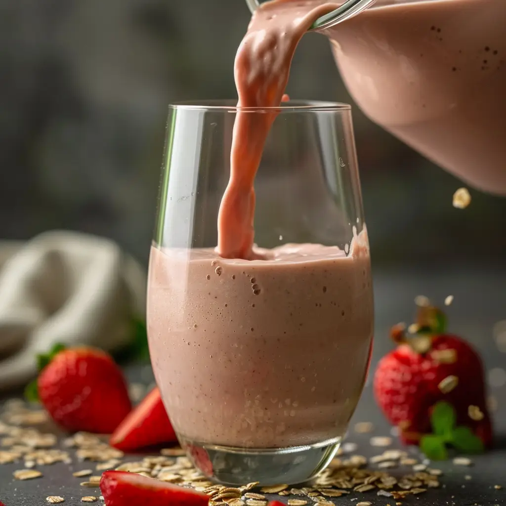 Pouring strawberry oats smoothie into a glass from blender