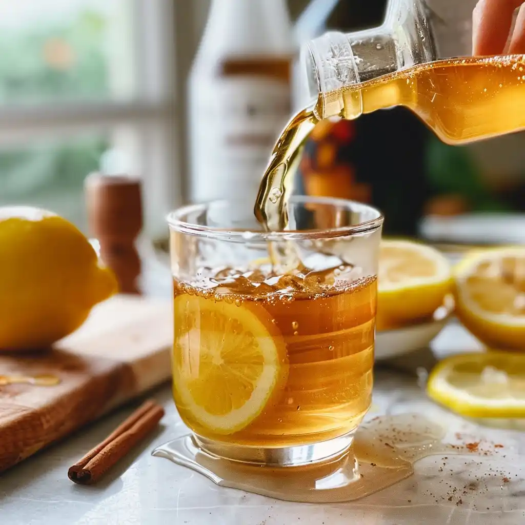 Pouring warm water over apple cider vinegar, lemon, and cinnamon in a glass during the first preparation step