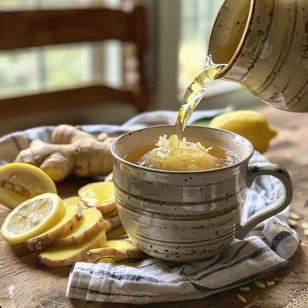 Pouring warm water over grated ginger in a mug on a wooden counter
