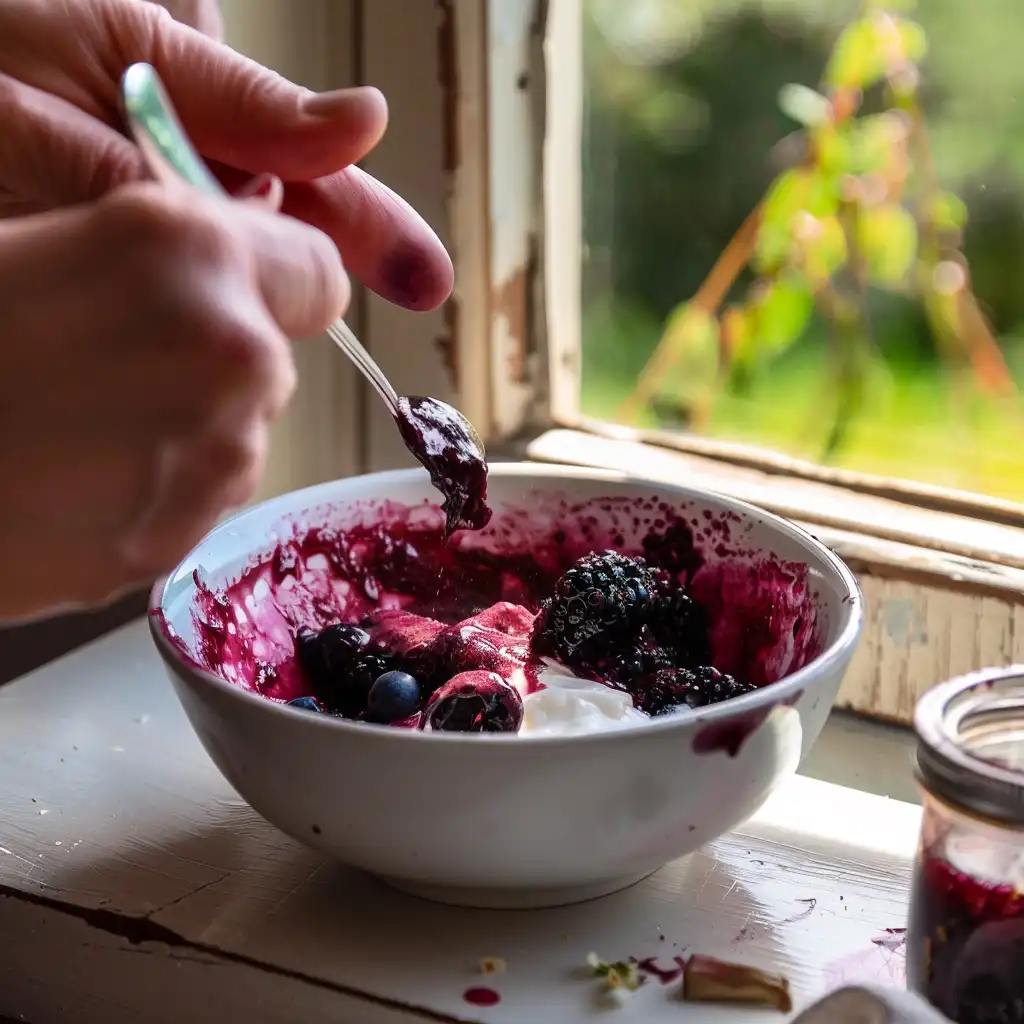 Preparation step 1—mashing blueberries and blackberries for the purple peel