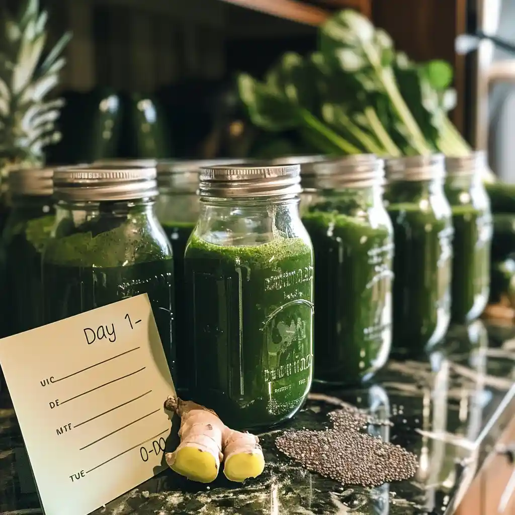 Row of prepped green smoothies for weight loss in jars labeled for a 10-day cleanse