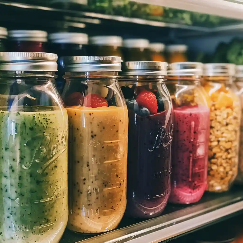 Row of prepped smoothie jars in a fridge as part of a weight loss routine