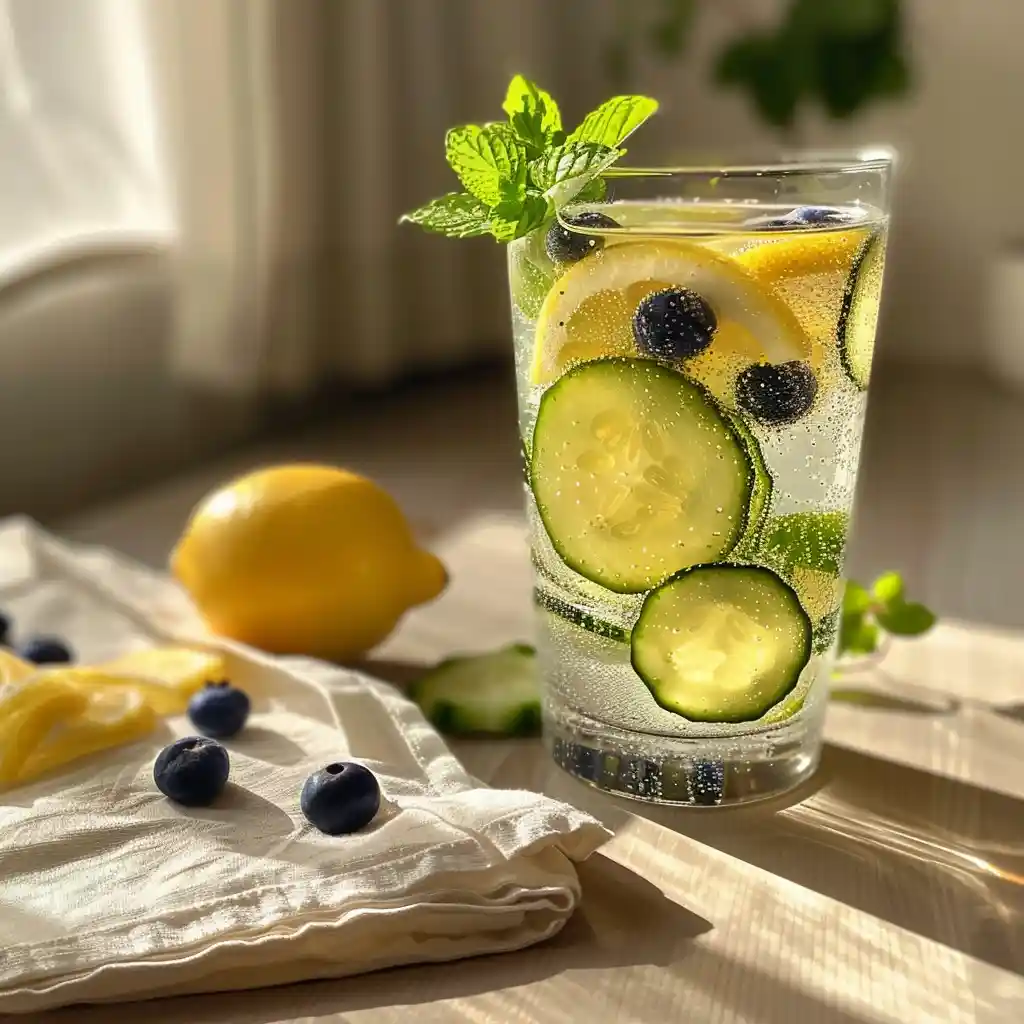 Serving glass of chilled lemon water with chia seeds, mint, and cucumber slices, with condensation on the glass