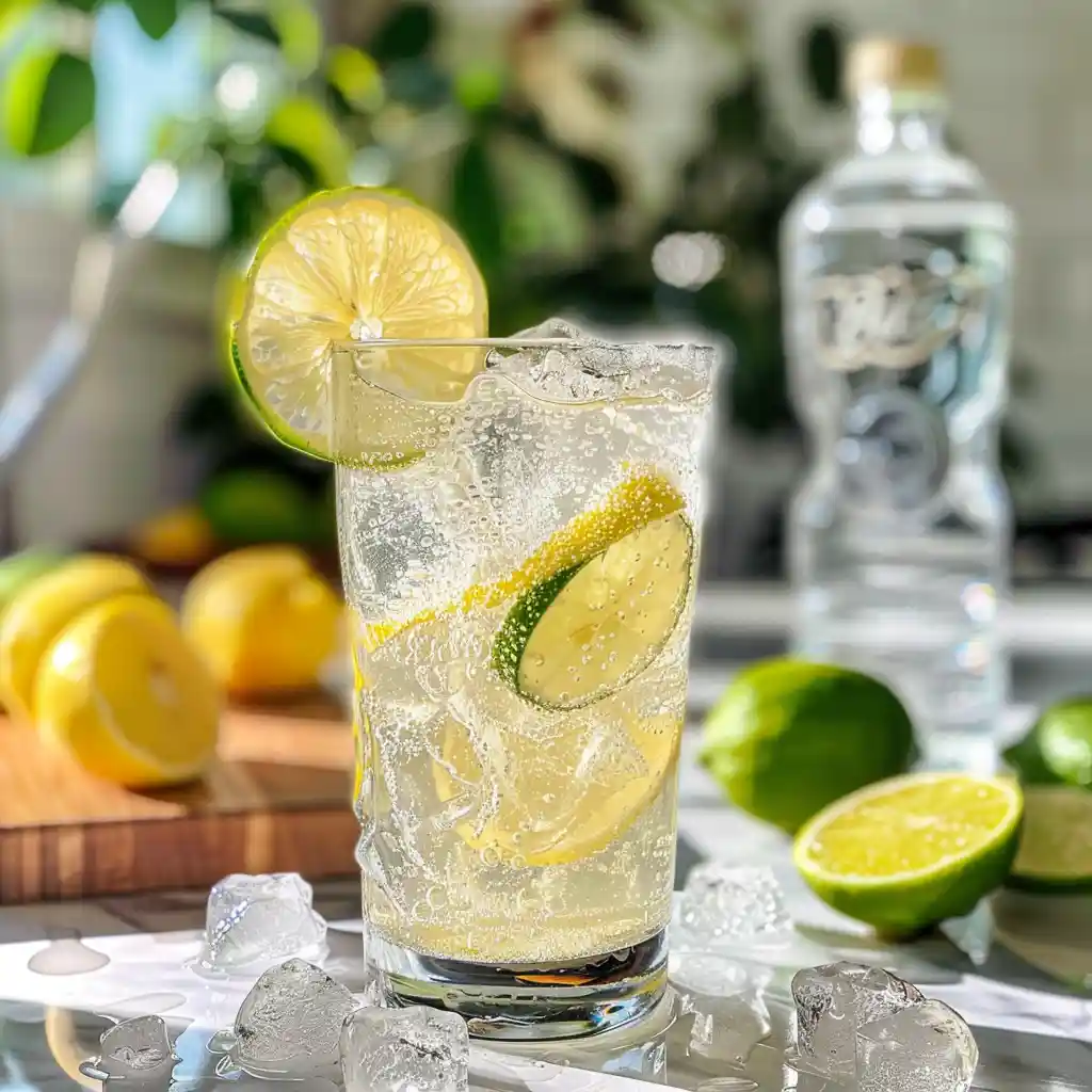 Serving glass of lemon–cucumber–mint infused water with basil garnish and ice