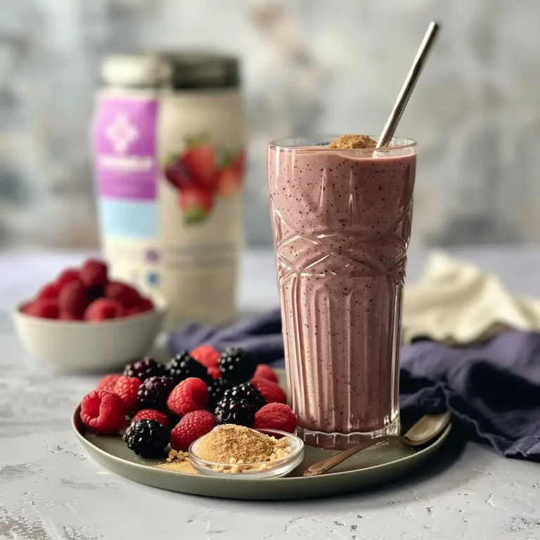 Serving suggestion of berry protein shake with stainless steel straw and side of berries