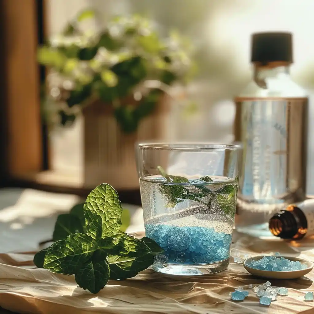 Serving suggestion of blue salt in warm water in a clear glass with mint nearby