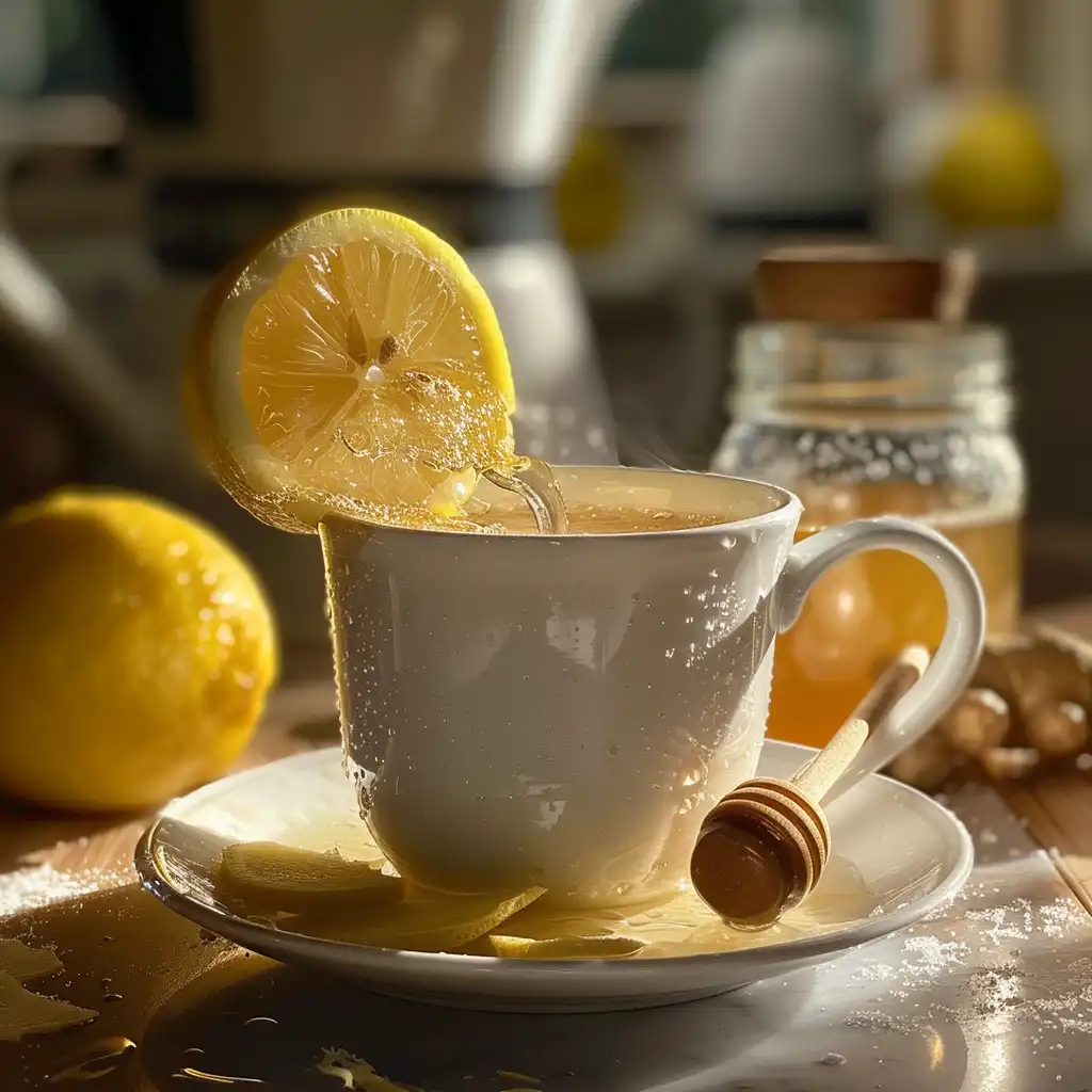 Squeezing half a lemon into the warm ginger water, droplets visible
