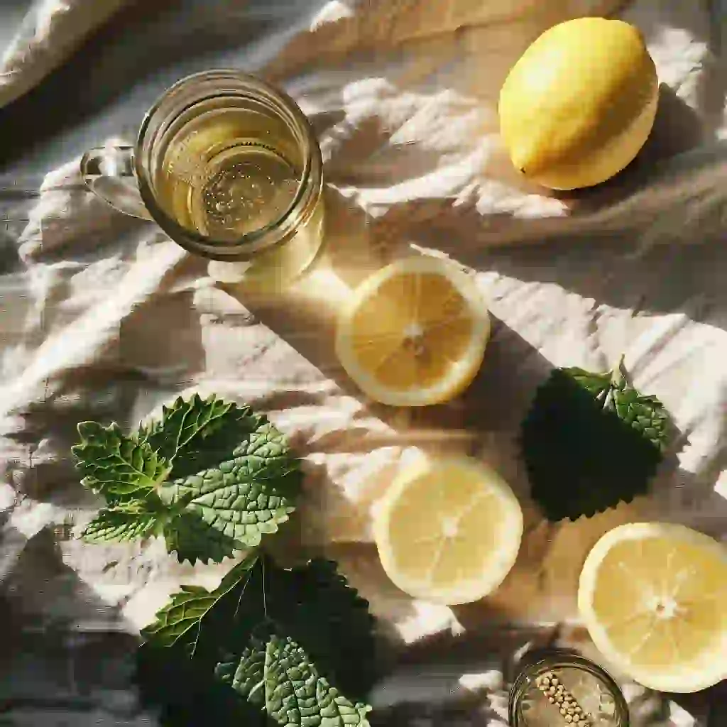lemon balm weight loss drink recipe - Steeping lemon balm with lemon slice in a glass teapot, soft steam visible