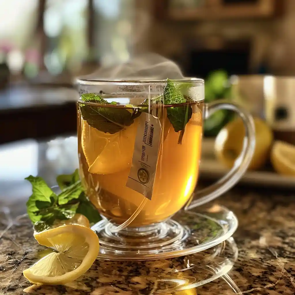 Step 2—Brewing unsweetened peppermint tea with mint and lemon nearby