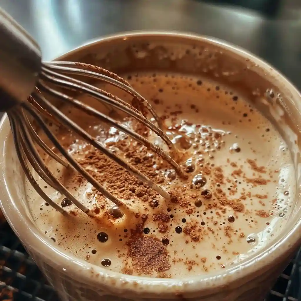Stirring coffee with cinnamon and MCT oil in natural light