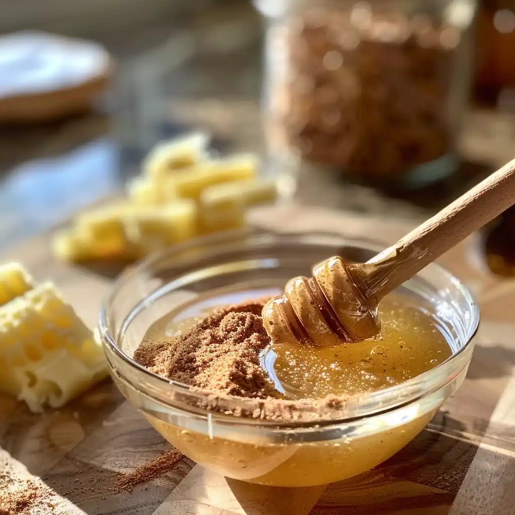 Stirring raw honey and cinnamon together in a small bowl on wooden counter