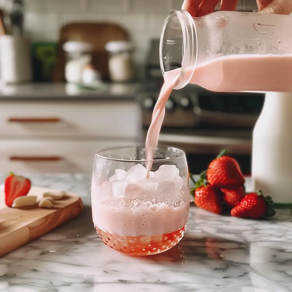 Strawberry juice being added to iced passion tea for a homemade TikTok pink drink
